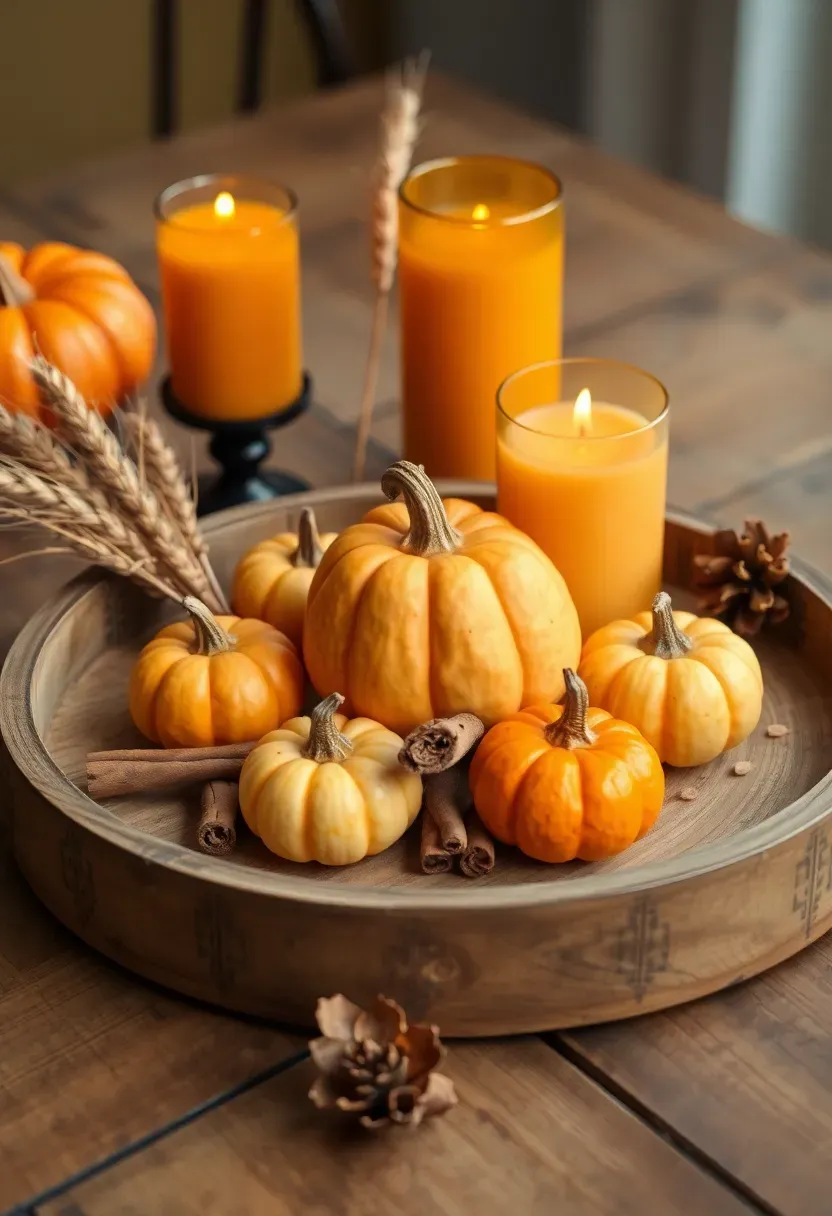 Woven rattan round tray with stems of dried pampas grass, preserved eucalyptus, and a small natural linen pouch on a wooden shelf