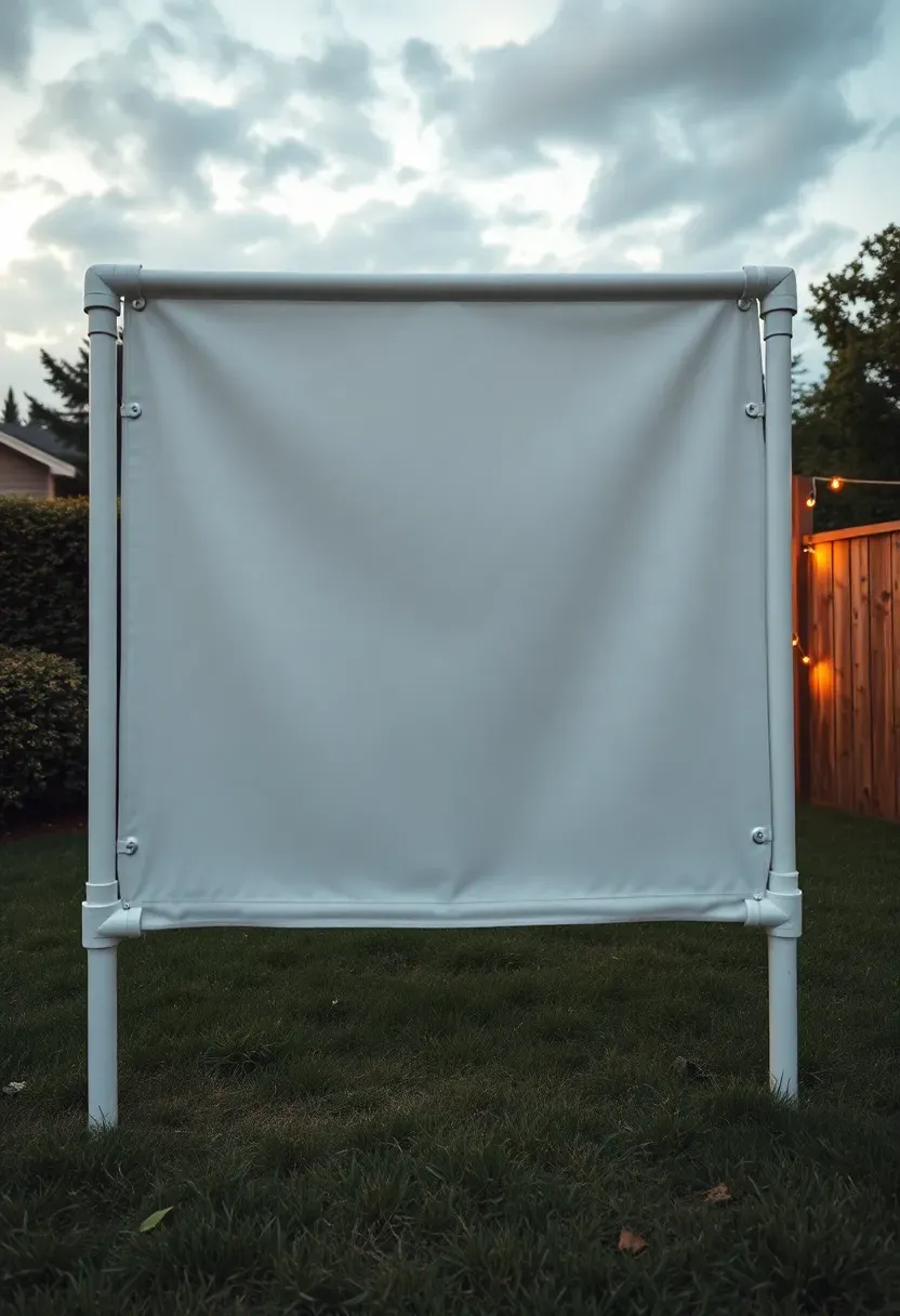 A handmade PVC pipe frame screen with white blackout fabric stretched tight, standing in a backyard garden at twilight