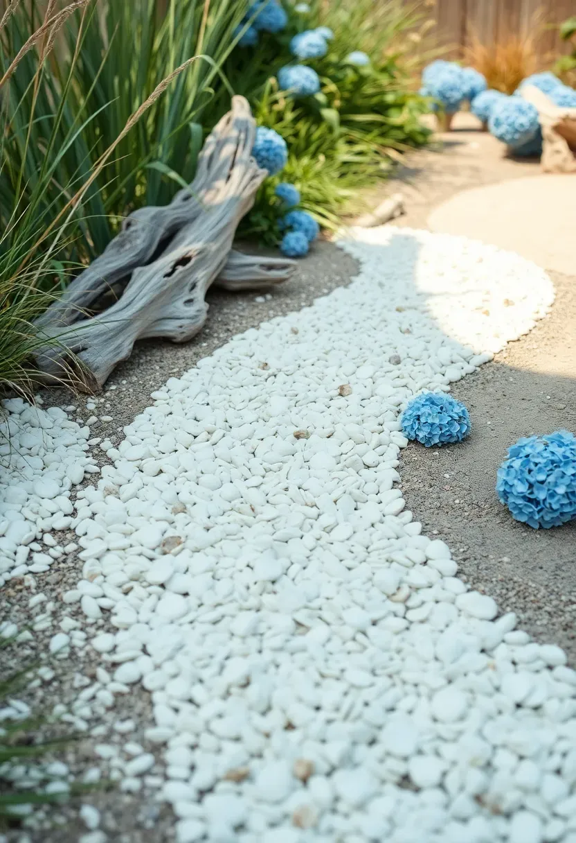 Crushed seashell pathway in pale white winding through a coastal-style backyard with sea grasses and driftwood accents