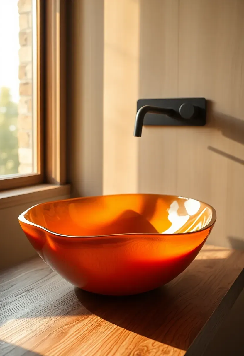 Asymmetric organic-shaped resin basin in warm earth tones on a natural wood countertop