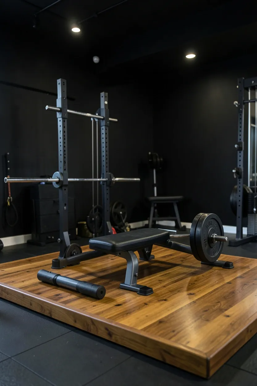 Home gym with jet black walls and raised golden-brown teak wood lifting platform, premium dark gym design for serious strength training
