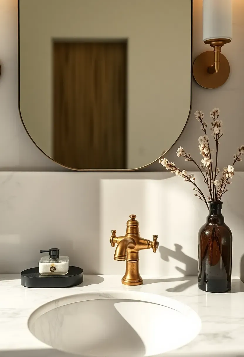 Unlacquered vintage brass faucet and towel ring against honed Carrara marble backsplash in a timeless powder room design