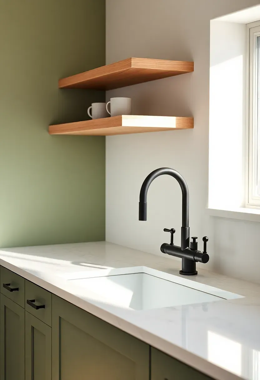 Kitchen with matte black faucet and matte black cabinet pulls against sage green cabinets, natural wood open shelving, and white marble countertop in warm diffused daylight