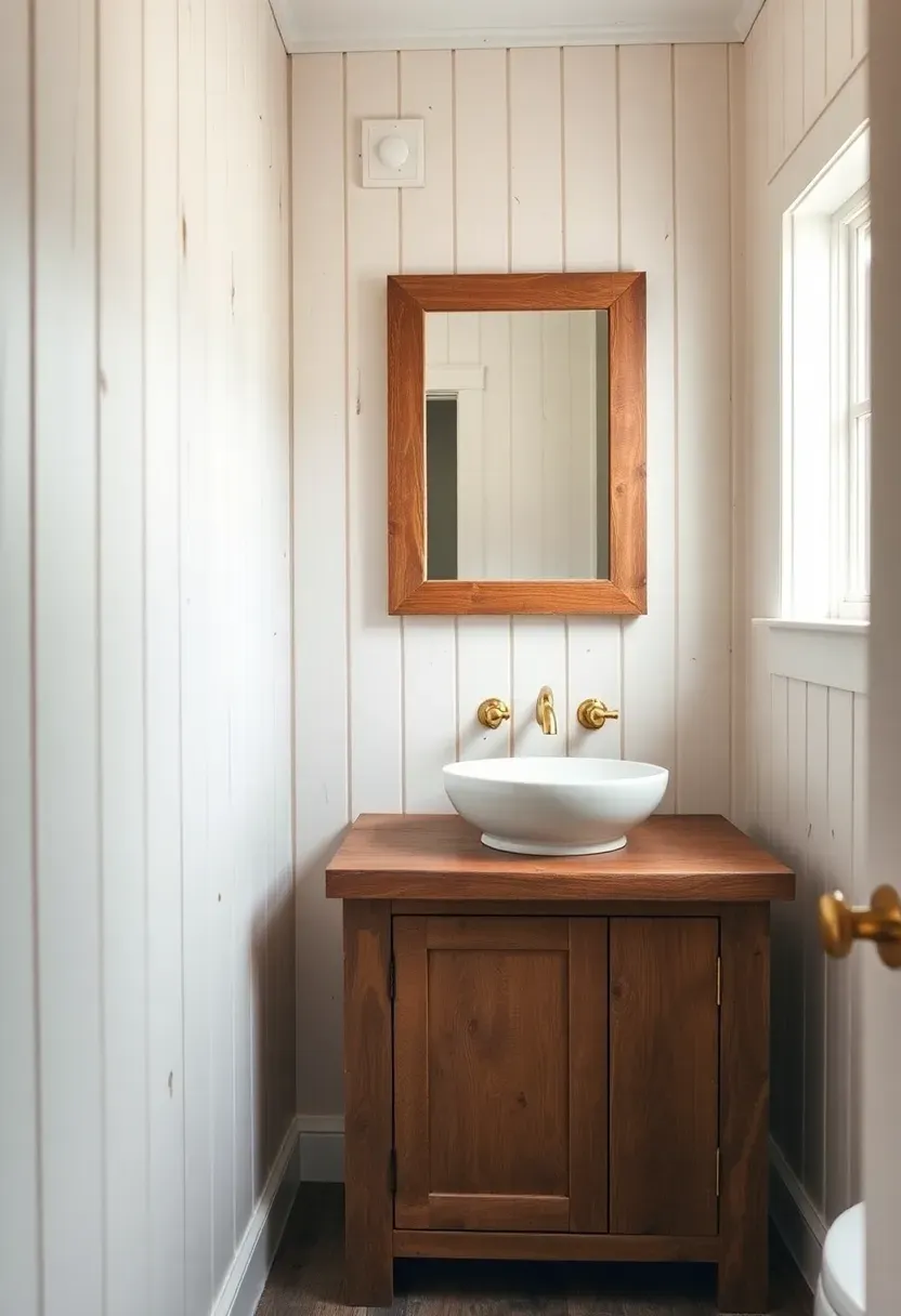 Hyper-realistic straight-on view of tongue-and-groove walls in rustic tiny house bathroom. Vertical pine T&G boards painted cream, covering all walls. Reclaimed wood vanity with vessel sink, mirror with barn wood frame. Materials: painted pine T&G, aged oak vanity, white porcelain sink, brass fixtures. Natural light from window, highlighting board shadows and painted texture. Shallow depth of field showing board joints and painted wood grain. Rustic cottage bathroom mood.</p>