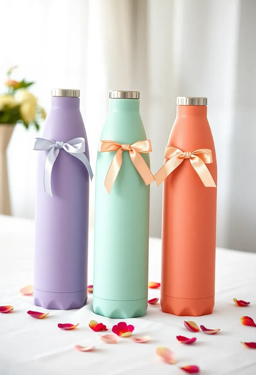 colorful insulated reusable water bottles with pastel finishes arranged on a decorated table