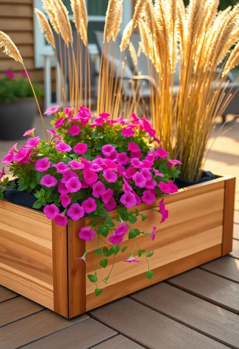 Built-in rectangular wooden planter boxes lining the edge of a backyard deck, filled with trailing petunias and ornamental grasses