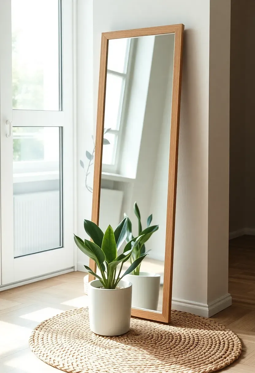 Tall rectangular floor-standing mirror with a slim oak frame leaning against a sunroom wall, reflecting window light back into the room, a small potted snake plant beside its base on a woven mat