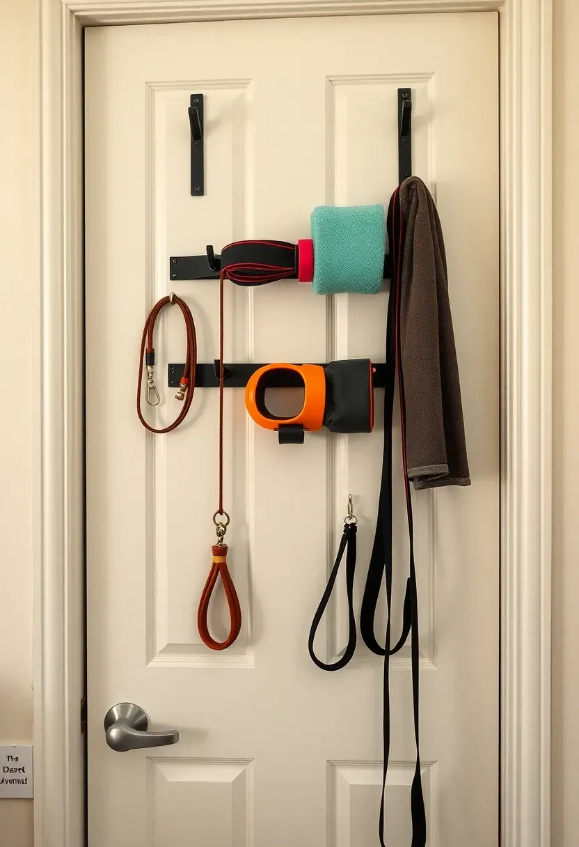 Over-the-door gym equipment organizer with multiple tiers of hooks for jump ropes, resistance bands, and towels in a rental home gym