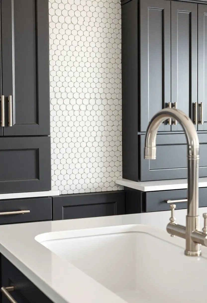 white penny round mosaic tile backsplash with dark charcoal gray kitchen cabinets and bright white countertop with chrome fixtures