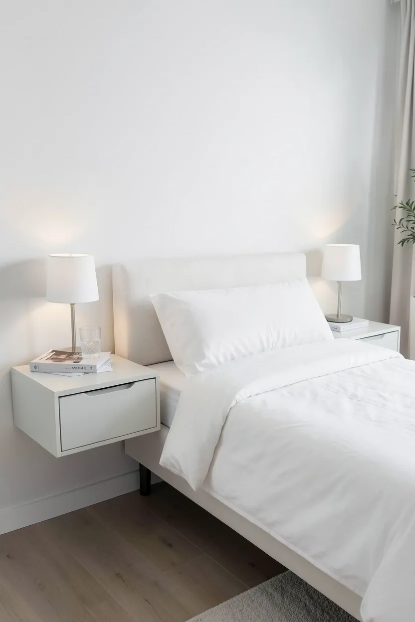 Pair of small white wall-mounted floating nightstands beside a bed in a compact bedroom, keeping the floor clear