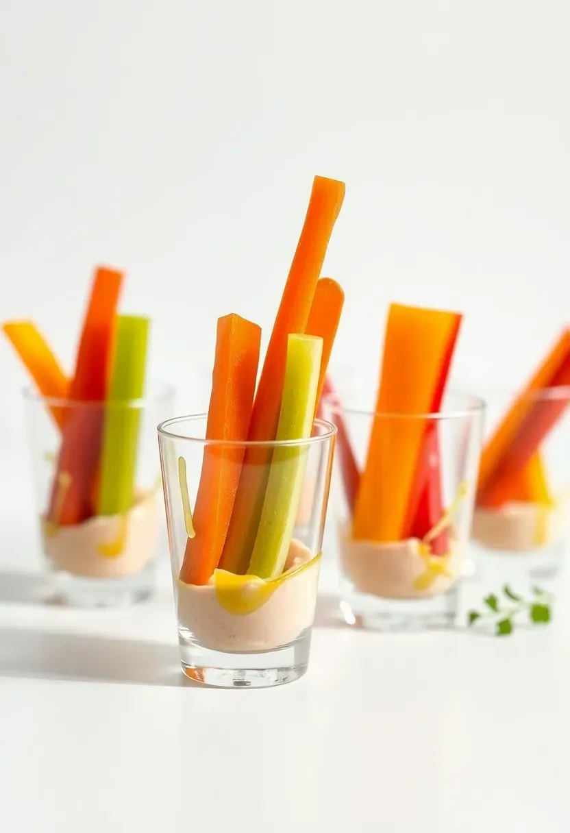 individual hummus and vegetable shooter cups with carrots celery and colorful bell pepper sticks at a baby shower snack station