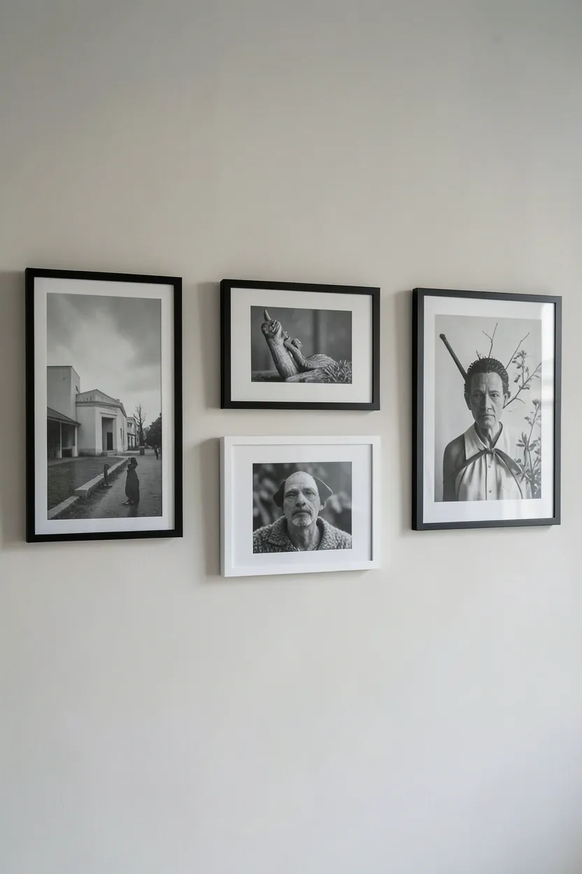 Monochromatic gallery wall with black-and-white photography and natural wood frames above a bed in a neutral bedroom