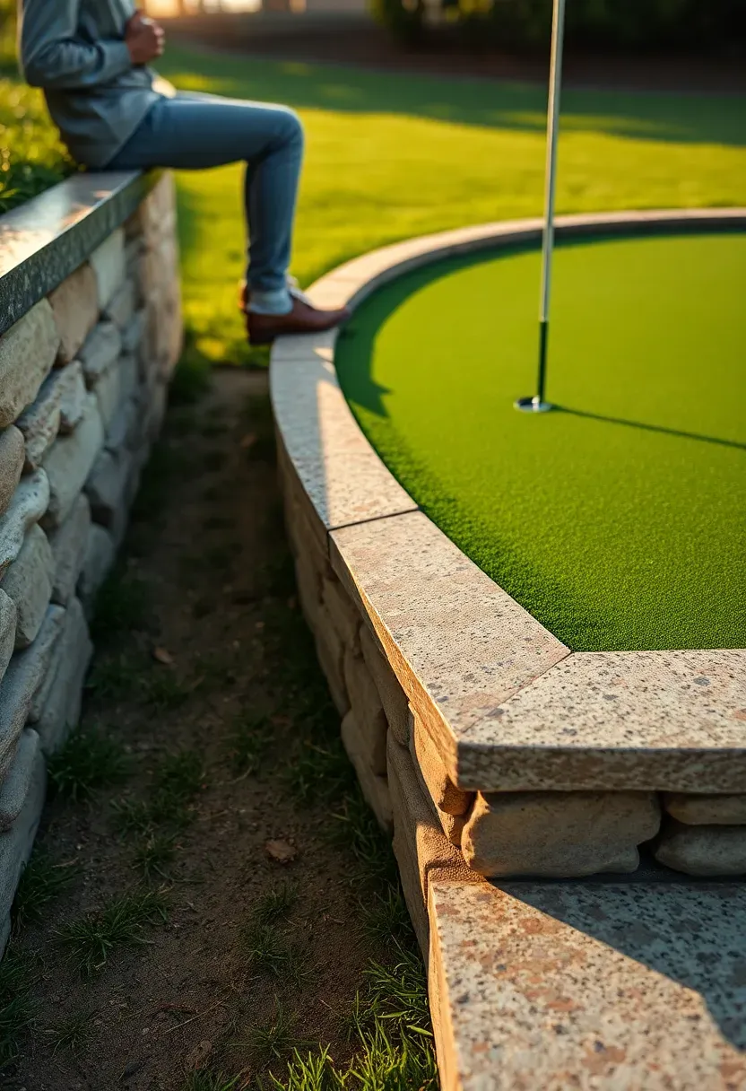 Putting green with built-in stone bench seating along one edge and low retaining wall doubling as a seat back