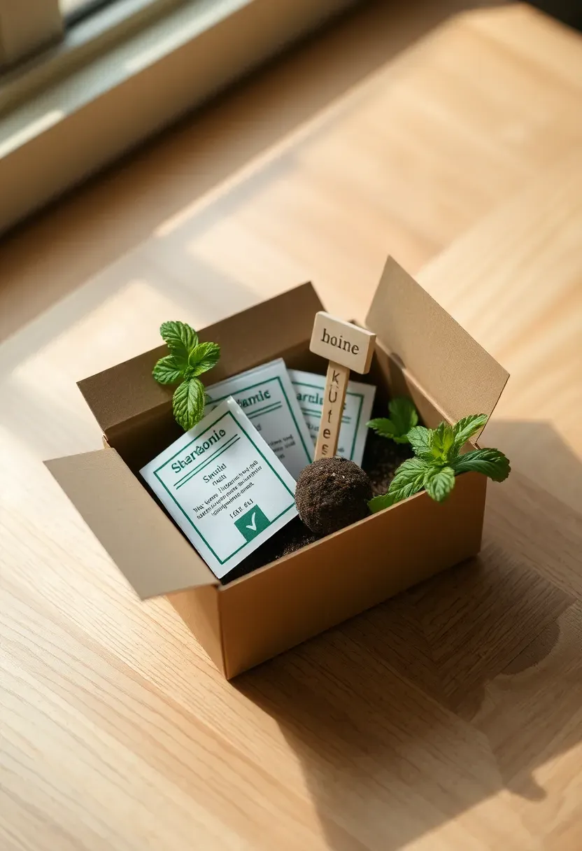 herb garden starter kit with seed packets soil pellets and wooden stake label and fresh mint on wood surface