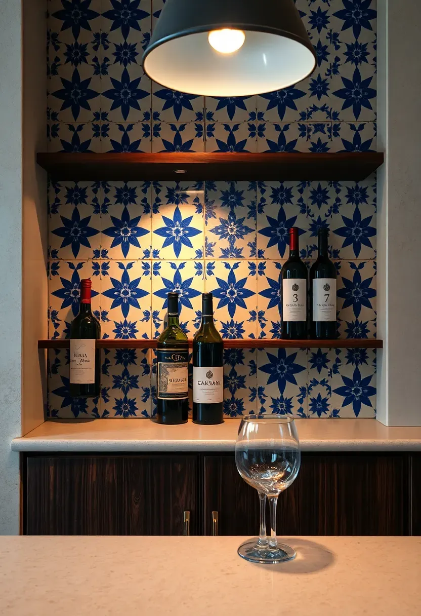 hand-painted Portuguese azulejo tile backsplash in blue and white behind a home bar with wine glasses