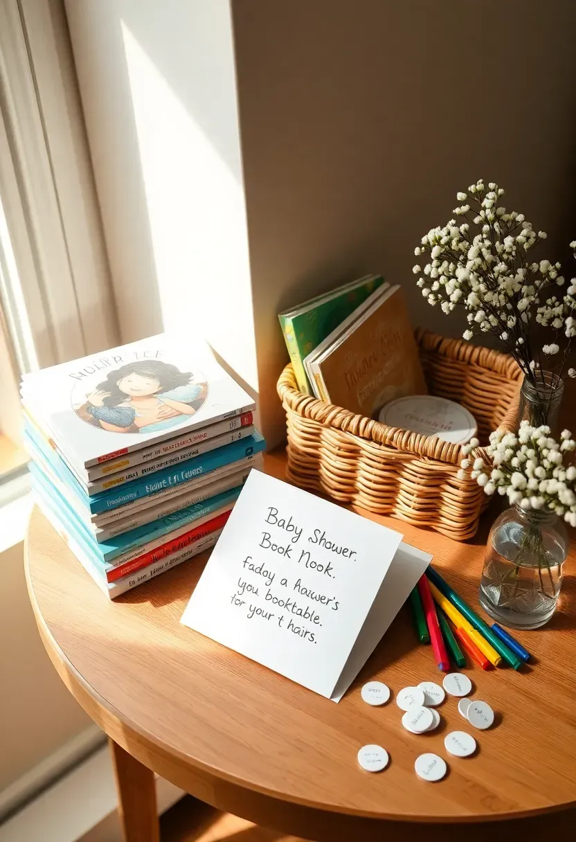 baby shower book nook station with stacked children's books, colored pens, and handwritten bookplate inserts on a decorated table
