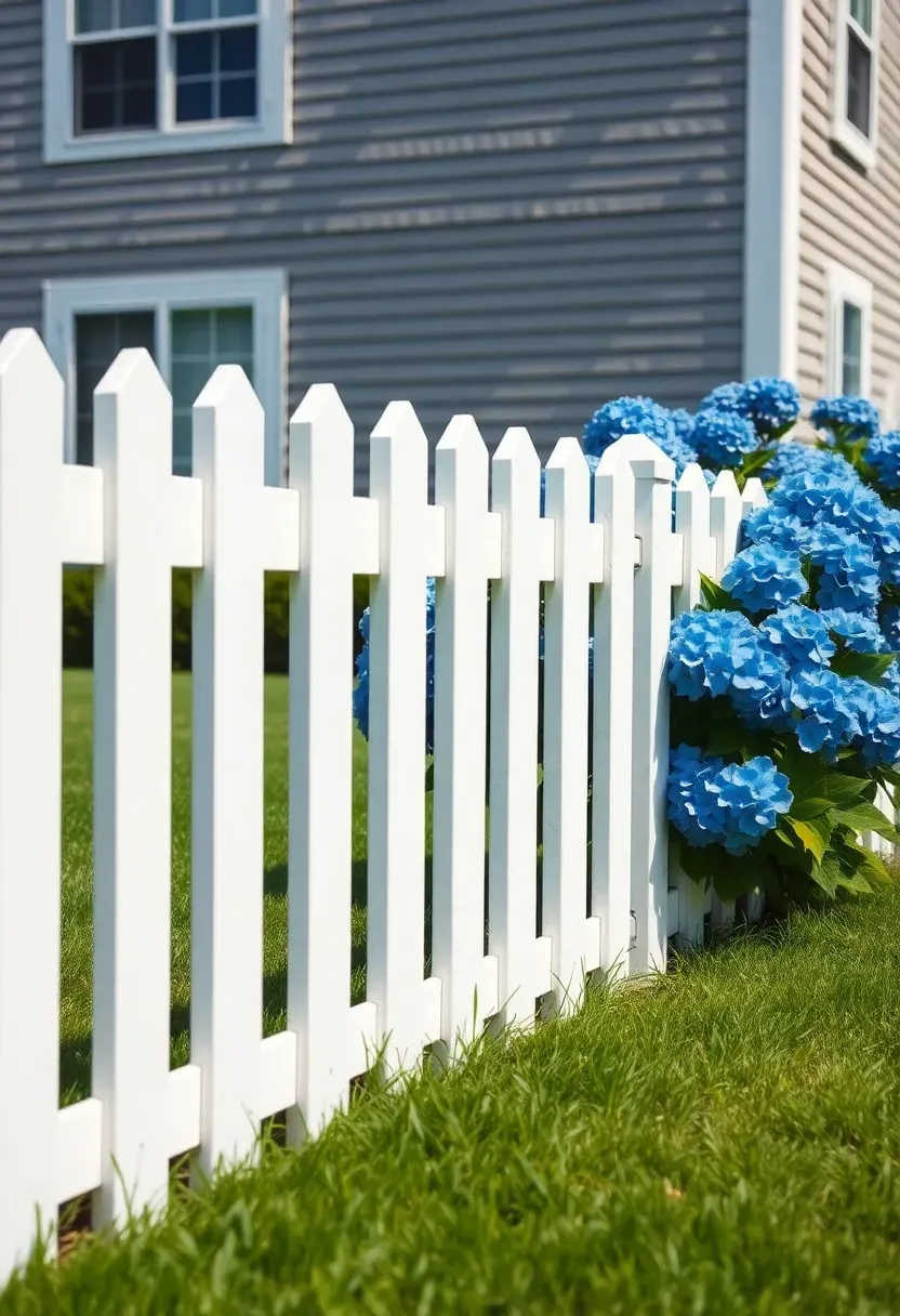 Classic white vinyl picket fence along the front of a Cape Cod style home with a green lawn and flowering hydrangeas