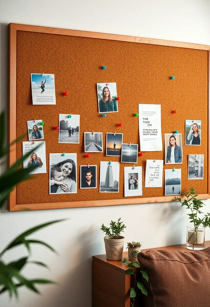 Fabric-framed cork board inspiration wall in a teen bedroom covered with photos, quotes, and mementos in a curated layout
