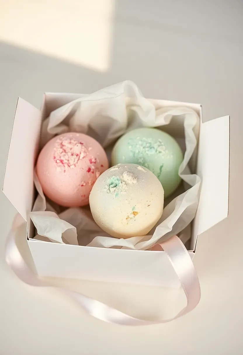 three pastel colored bath bombs in a small white box with tissue paper and a baby shower game winner ribbon on a towel