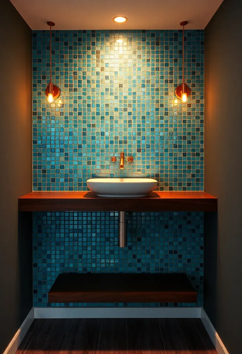 Basement bathroom accent wall covered in blue-green glass mosaic tiles behind a modern vanity with warm lighting