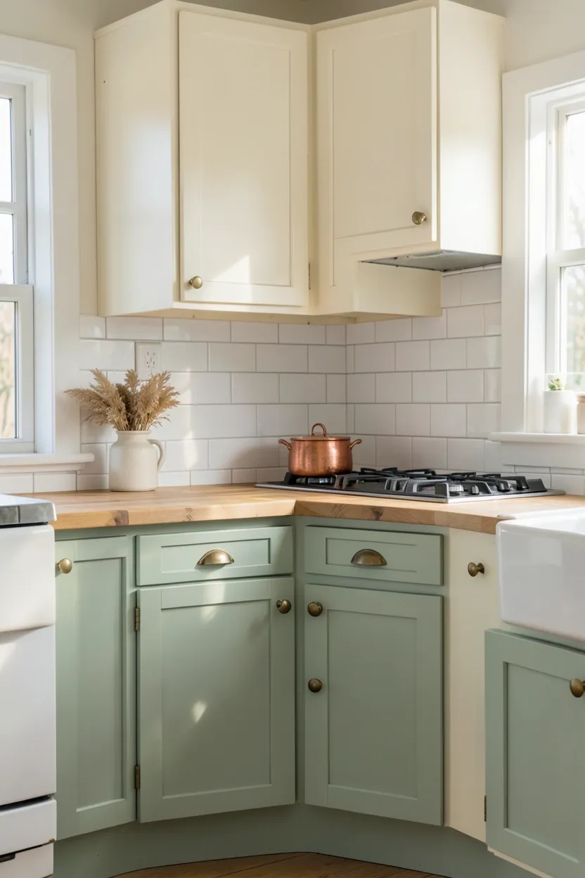 Soft sage green walls and dusty blue accents in a small cottage kitchen — dreamy pastel palette for renters
