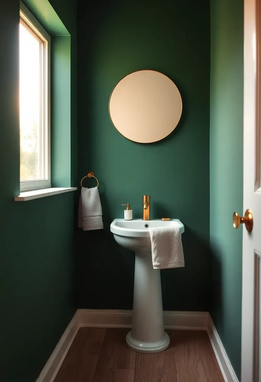 deep green bathroom accent wall with brass fixtures and white ceramic sink