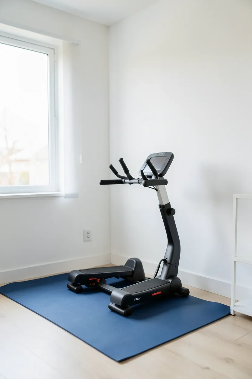 Compact foldable mini stepper stored against an apartment wall next to a yoga mat — small-footprint cardio equipment for a minimalist home gym setup
