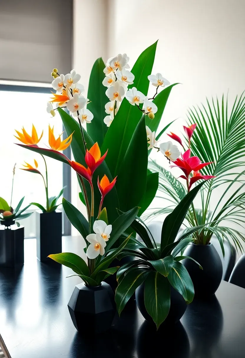 Tropical flower bar with orchids, bird of paradise, large palm leaves, and anthuriums in tall geometric vases