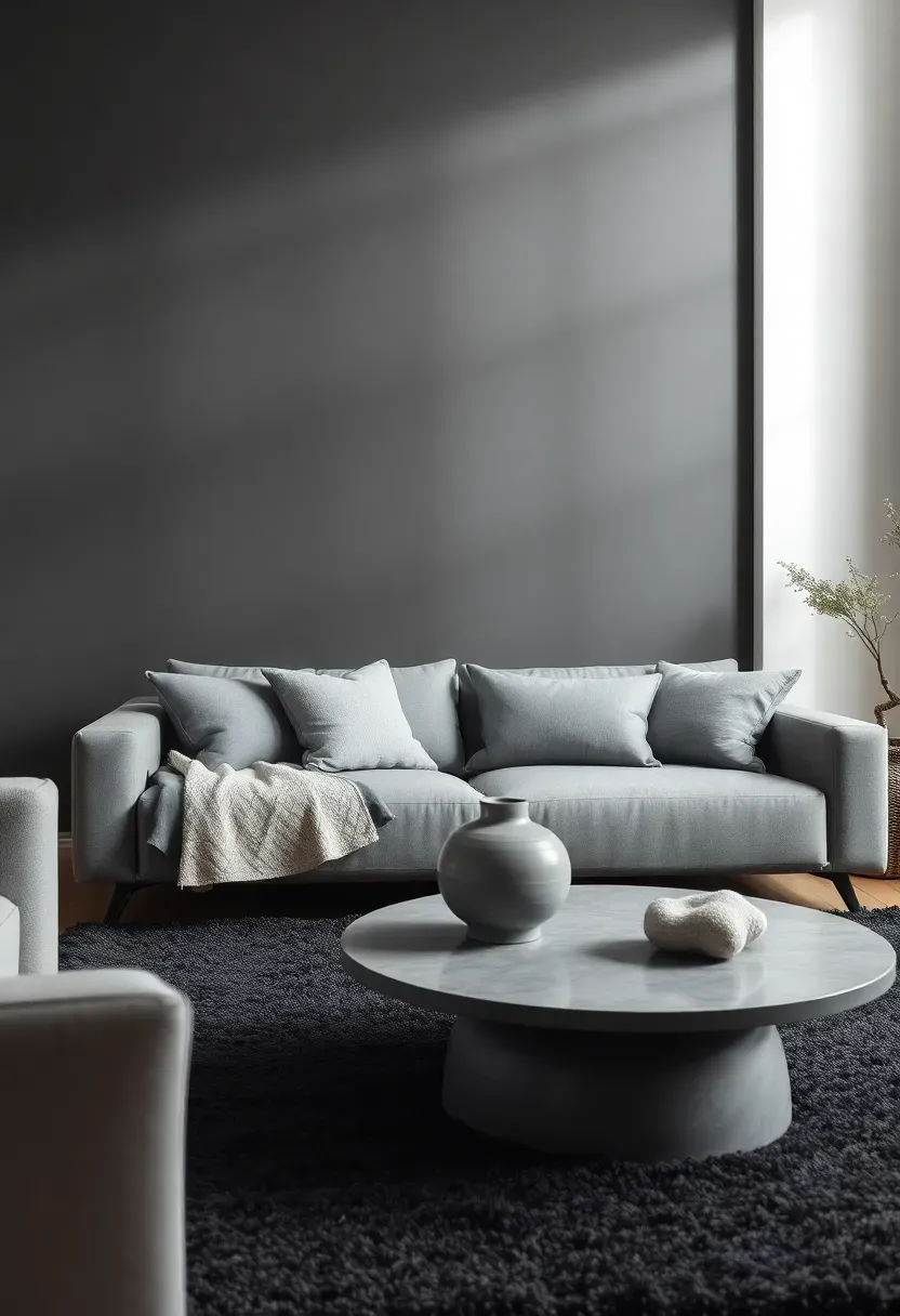 Hyper-realistic 3/4 view of minimalist living room with monochromatic gray scheme: charcoal gray accent wall, medium gray sofa, light gray pillows, dark gray rug, gray ceramic vase on coffee table. Materials: various gray fabrics with different textures, matte charcoal painted wall, plush gray rug, glazed ceramic. Balanced natural light (5000K), subtle shadows, sophisticated tone-on-tone atmosphere. Layered minimalist mood, shallow depth of field, sharp details showing varied gray values and textures, cohesive palette, no clutter, no text, no watermarks.</p>