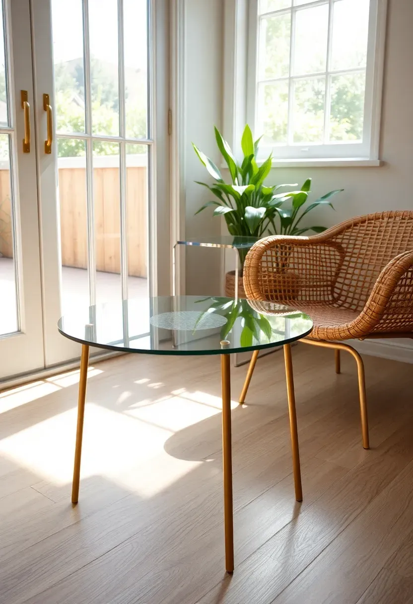 Airy small sunroom with a round glass-top coffee table on slender gold legs, a transparent acrylic side table, a wicker armchair, and light passing unobstructed through the glass furniture