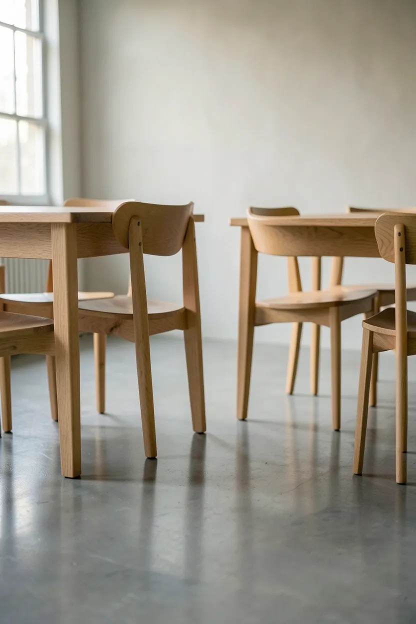 Polished concrete accent wall in a natural minimalist living room paired with warm wood furniture and linen cushions
