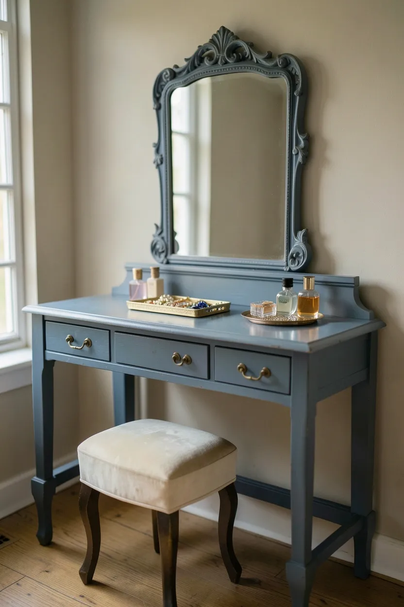 Hyper-realistic eye-level photograph of vintage-style vanity table in dusty blue with ornate mirror above. Three drawers with antique brass pulls, small stool upholstered in cream velvet, perfume bottles and jewelry tray on surface. Neutral walls, soft natural light from nearby window. Materials: painted dusty blue wood vanity, brass hardware, velvet stool, glass perfume bottles. Warm ambient light, elegant vintage atmosphere. Shallow depth of field, sharp details on vanity finish and brass pulls, balanced composition showing vanity and mirror. No text, no logos, no watermarks.</p>