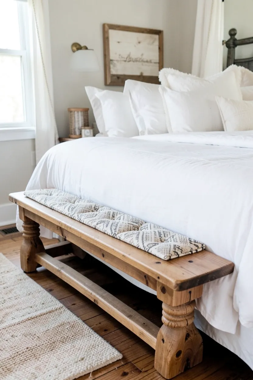 Rustic wooden bench with turned legs at the foot of a farmhouse bed, styled with a vintage-patterned cushion and woven basket underneath