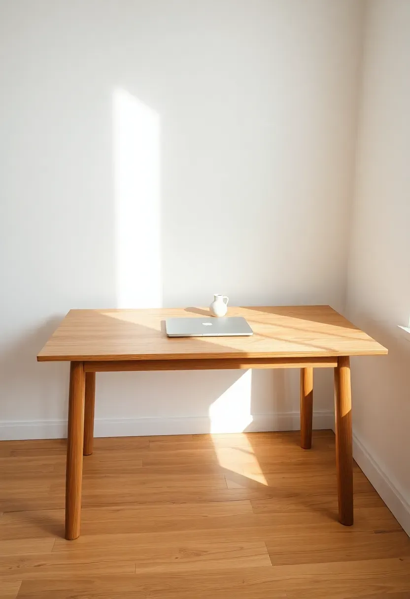 Minimalist writing desk with light oak top and tapered wood legs