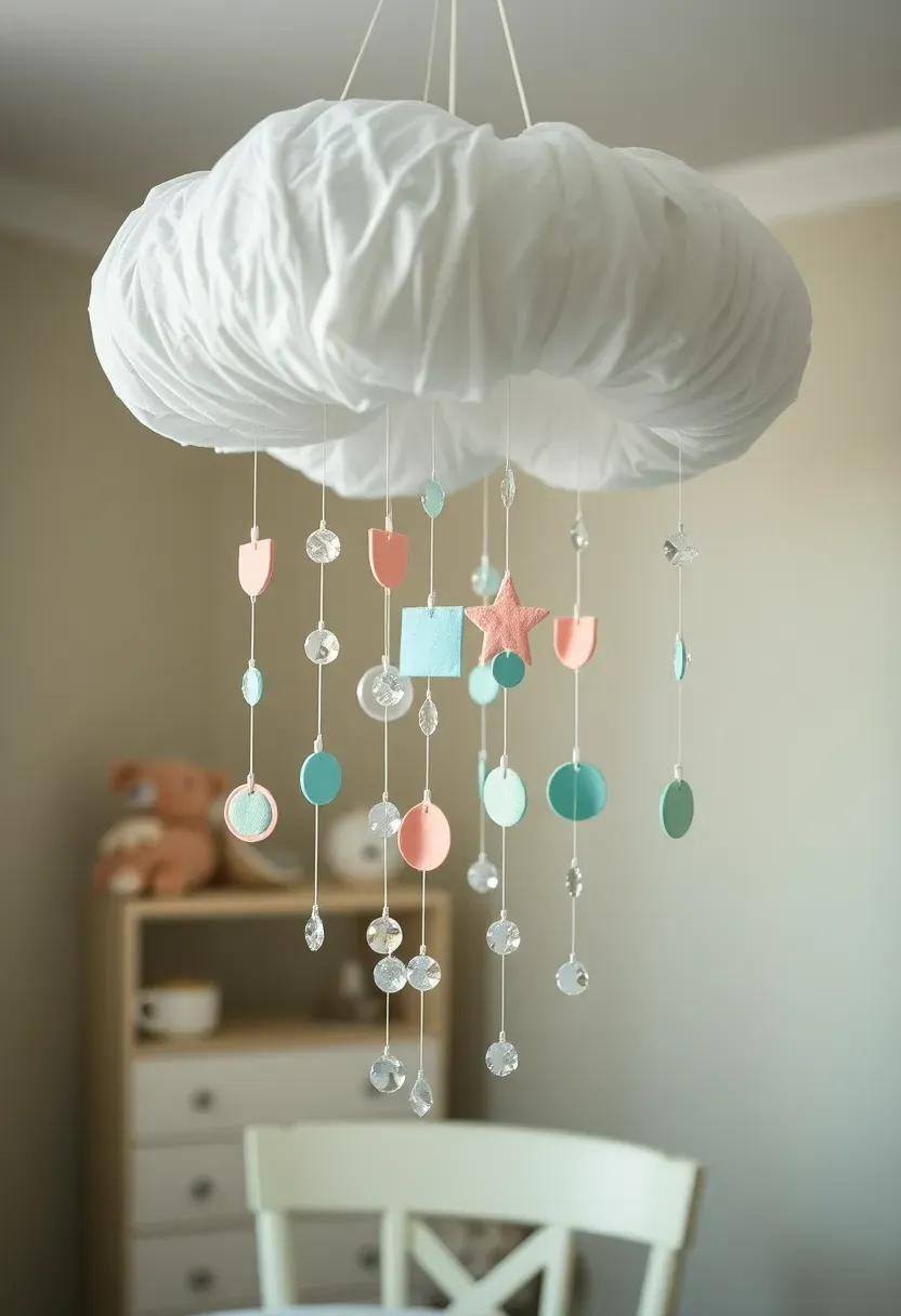 whimsical hanging raincloud baby shower mobile centerpiece with felt raindrops and cotton cloud above the table