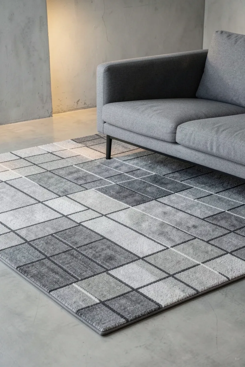 Large gray geometric-pattern area rug on polished concrete floor defining the seating zone in an industrial minimalist living room with black metal furniture legs