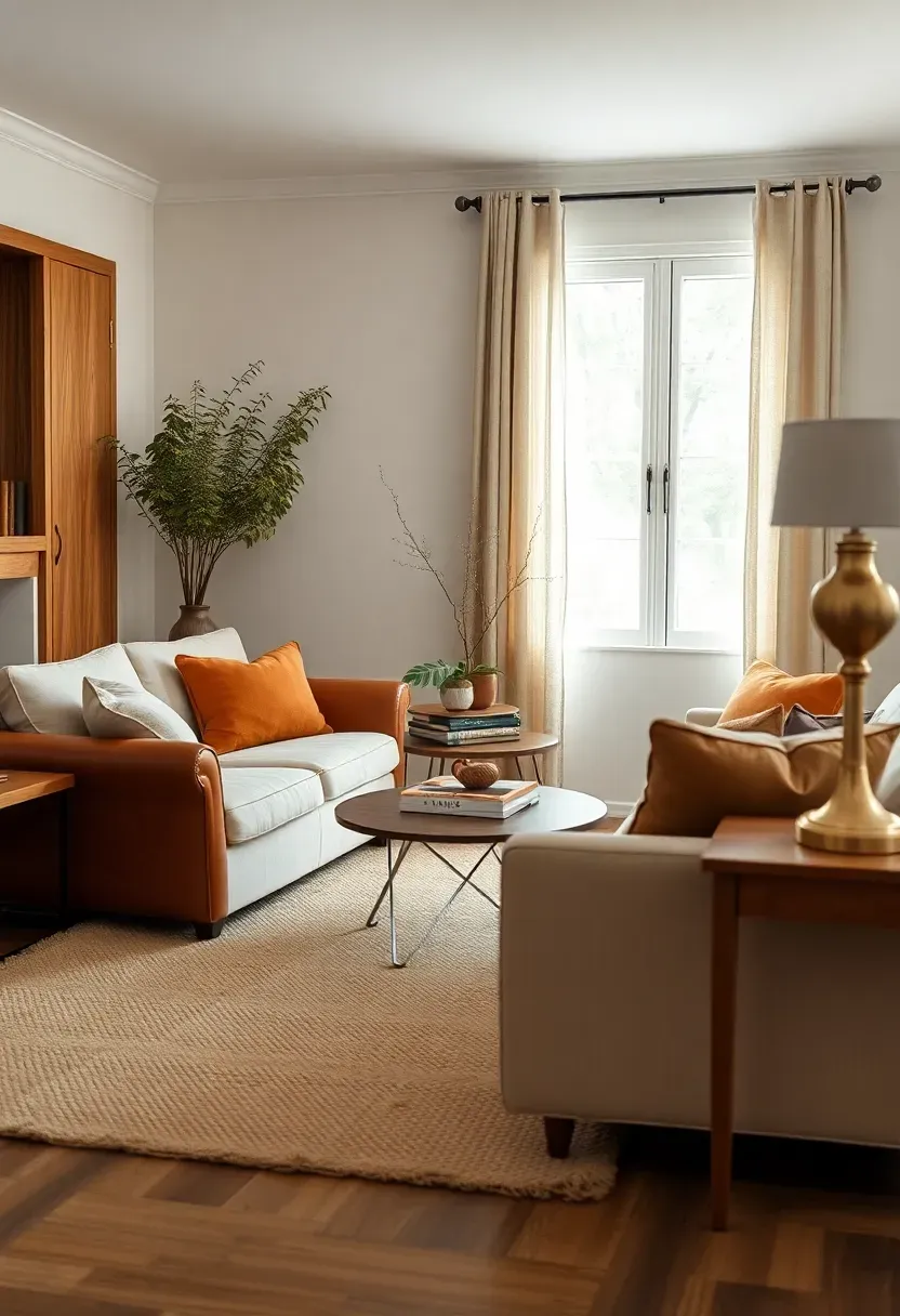 Hyper-realistic 3/4 view of living room with textural diversity and color unity. Materials: cream linen sofa, cognac leather armchair, wool rug in oatmeal, velvet pillows in warm beige, oak wood table, brass lamp base. All pieces in warm cream beige tan palette. Soft light enhancing texture differences—linen weave leather patina wool pile velvet sheen. Tactile richness with color harmony.</p>