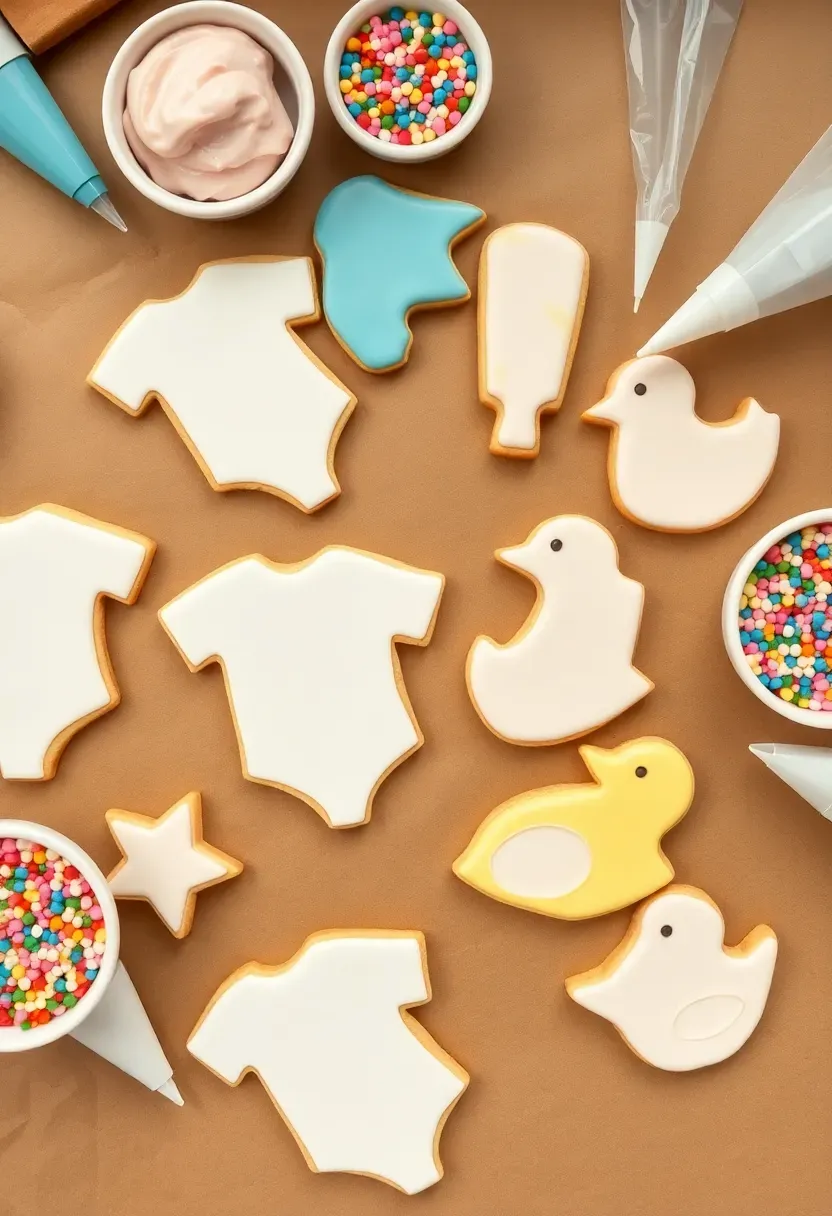 interactive sugar cookie decorating station with plain cutout cookies in baby shapes bowls of pastel royal icing sprinkles and piping bags