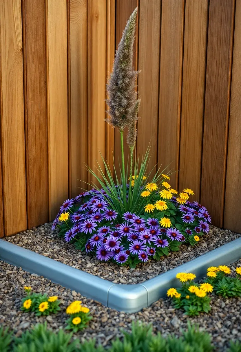 A corner flower bed with a tall ornamental fountain grass as the centerpiece surrounded by layers of coneflowers and ground cover