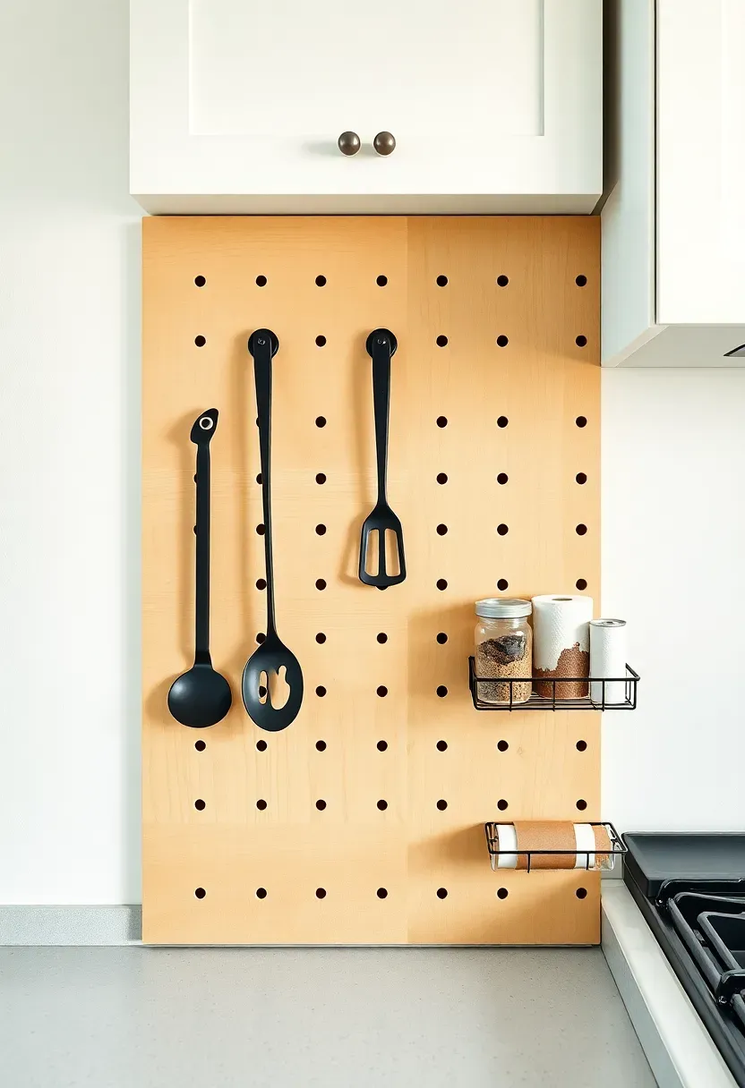 customized wooden pegboard kitchen wall organizer with hooks and containers