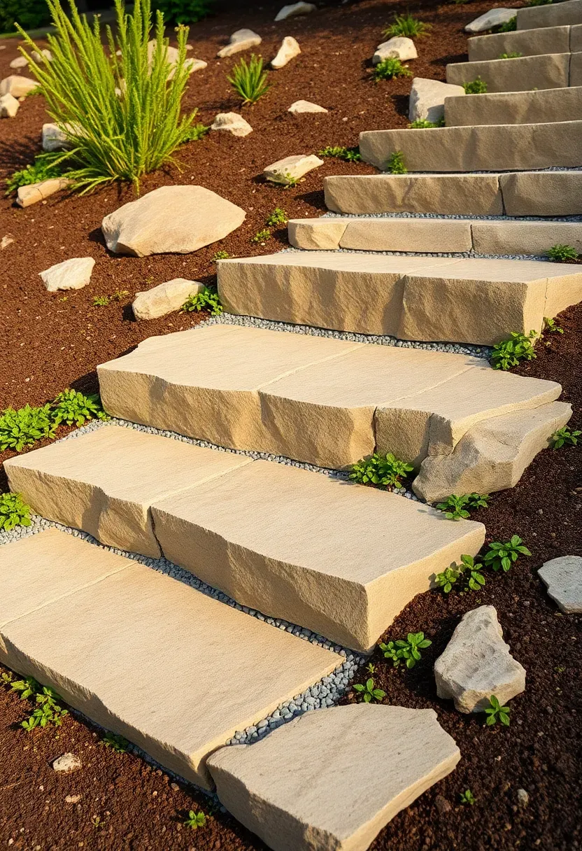 Natural stone slab steps built into a sloped backyard hillside with ground cover growing on each side