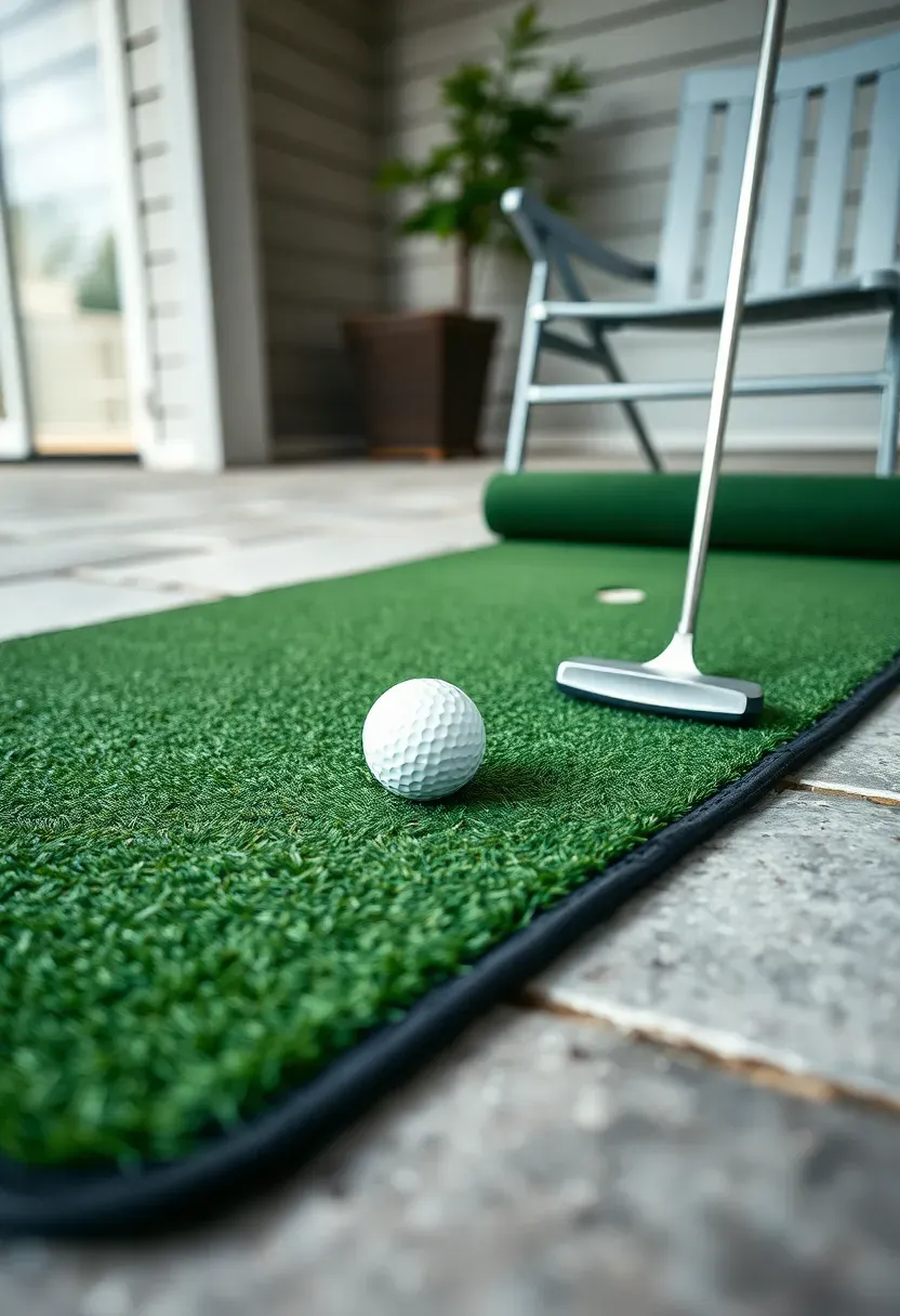 Portable roll-out putting green mat unrolled on a patio with a golfer practicing a short putt