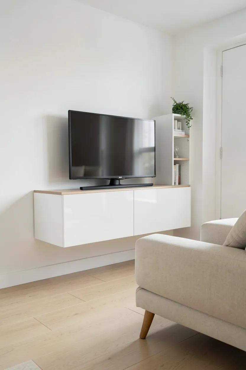 Wall-mounted floating media cabinet in white oak finish with clear floor beneath in a small Scandinavian living room