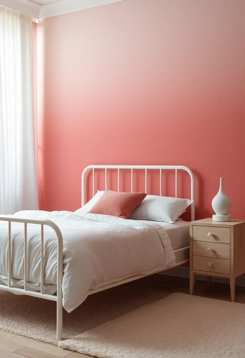 dreamy bedroom with an ombre gradient painted accent wall transitioning from deep dusty rose at the bottom to soft blush pink at the top behind a white bed