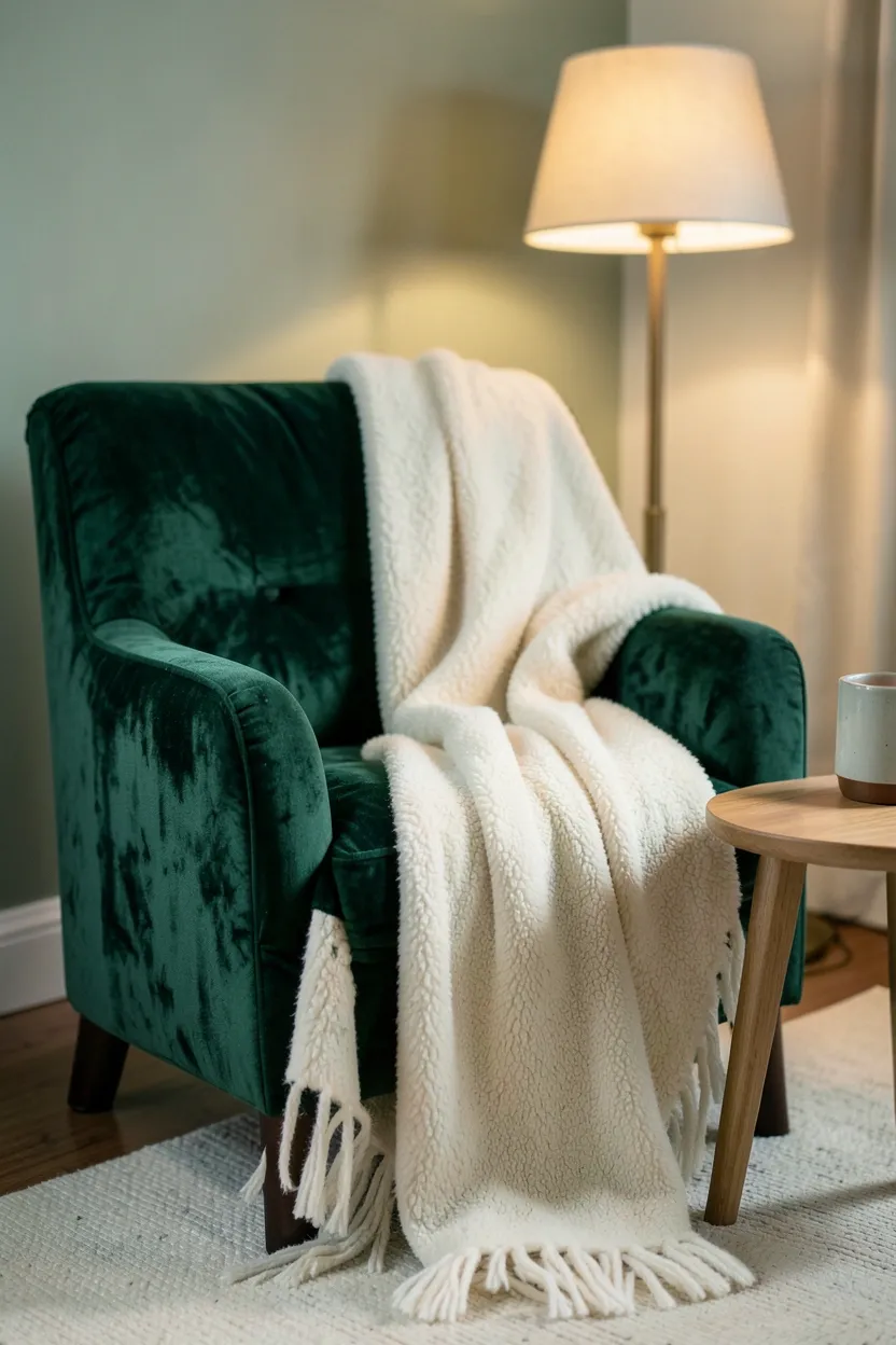 Deep emerald velvet accent chair with a fringe throw blanket draped over the arm creating a cozy boho bedroom reading nook