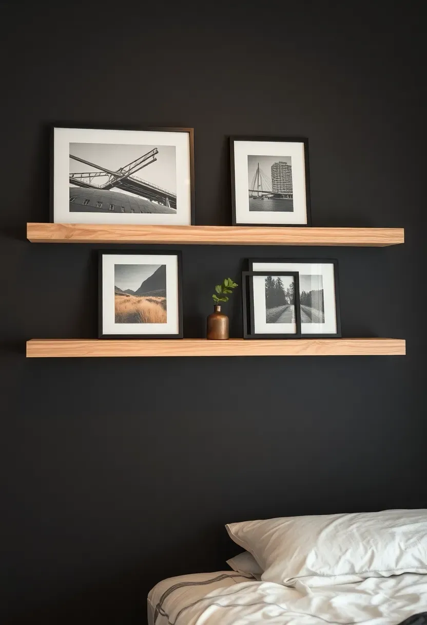 curated bedroom with mixed media gallery ledge accent wall featuring art prints photos and small sculptures on narrow floating shelves against a dark painted wall