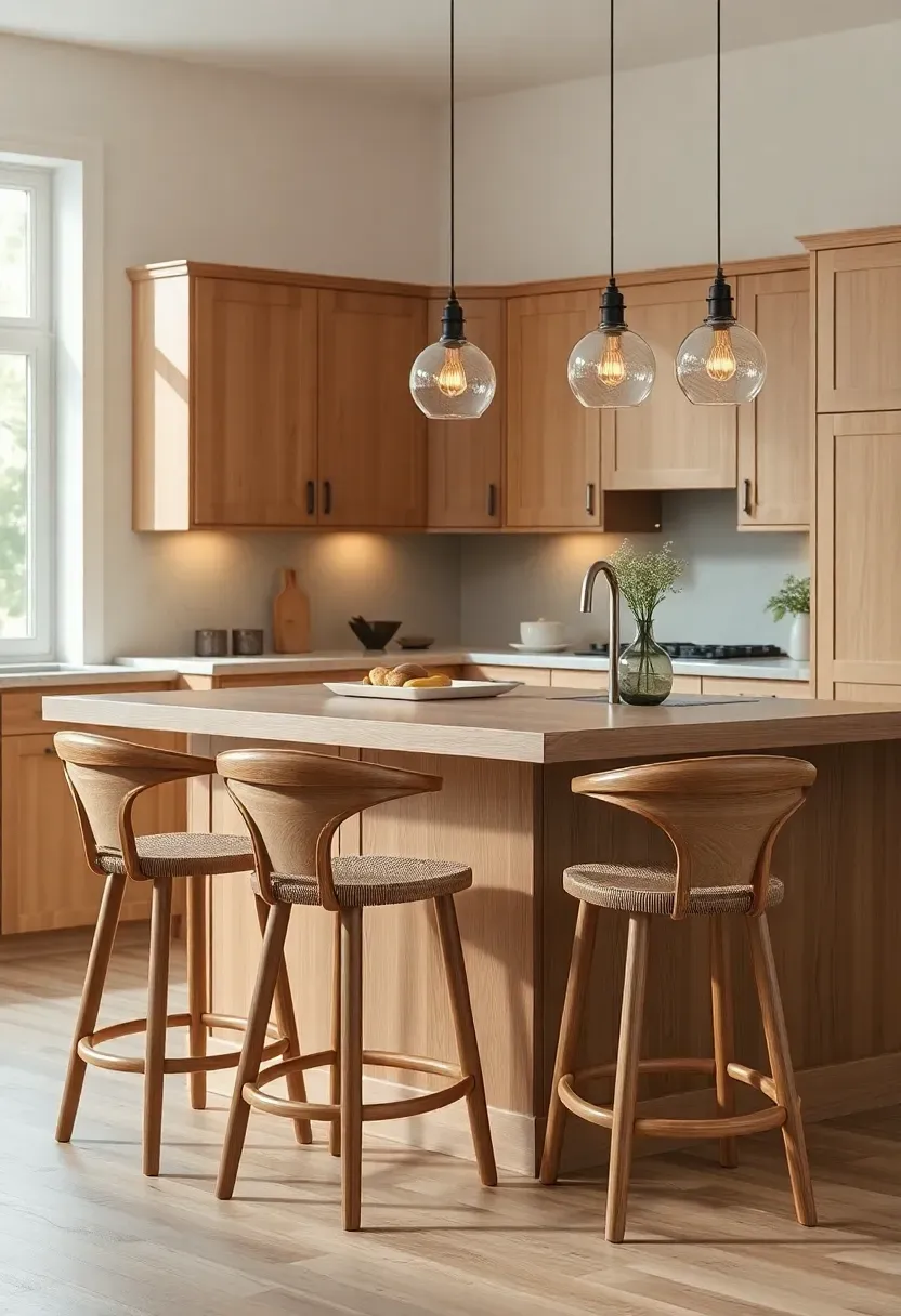 Wood island seating with curved stools