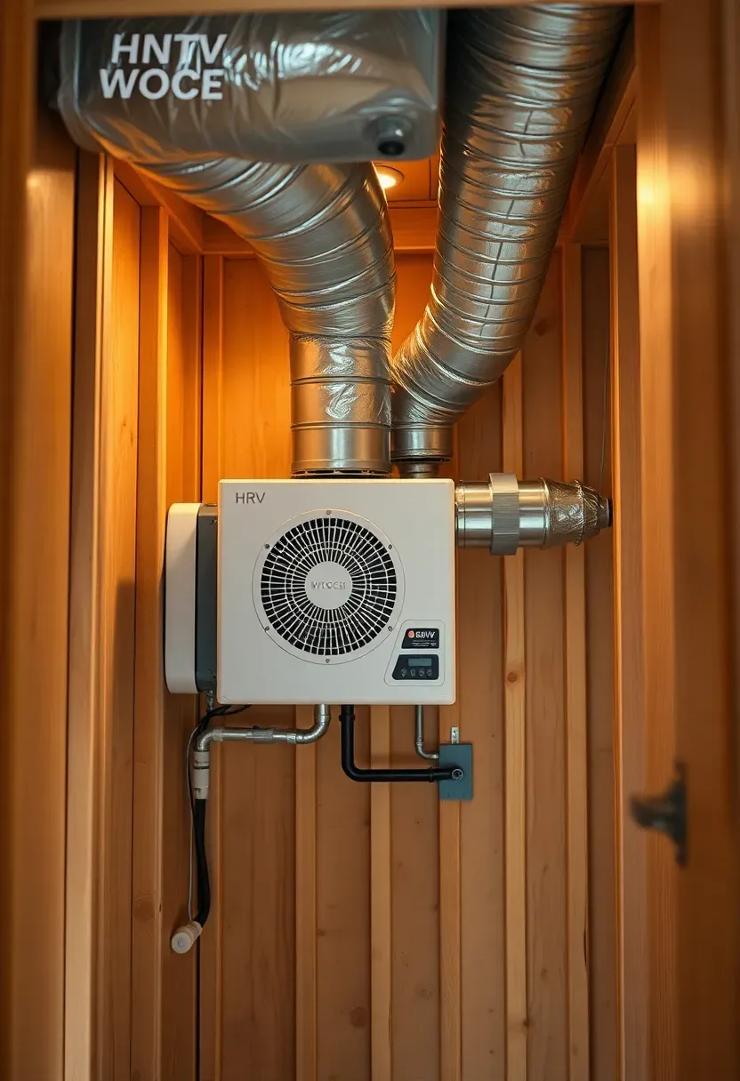 Hyper-realistic 3/4 view of tiny house utility closet showing heat recovery ventilator unit installed. Materials: white HRV unit with silver insulated ductwork, pine closet framing, exterior wall penetration with proper sealing. Warm LED utility light, clean mechanical installation with proper airflow, functional tiny house systems mood. Shallow depth of field, sharp details on HRV unit and duct connections, visible tiny house construction quality with neat wiring and plumbing. No text, no logos, no watermarks.</p>