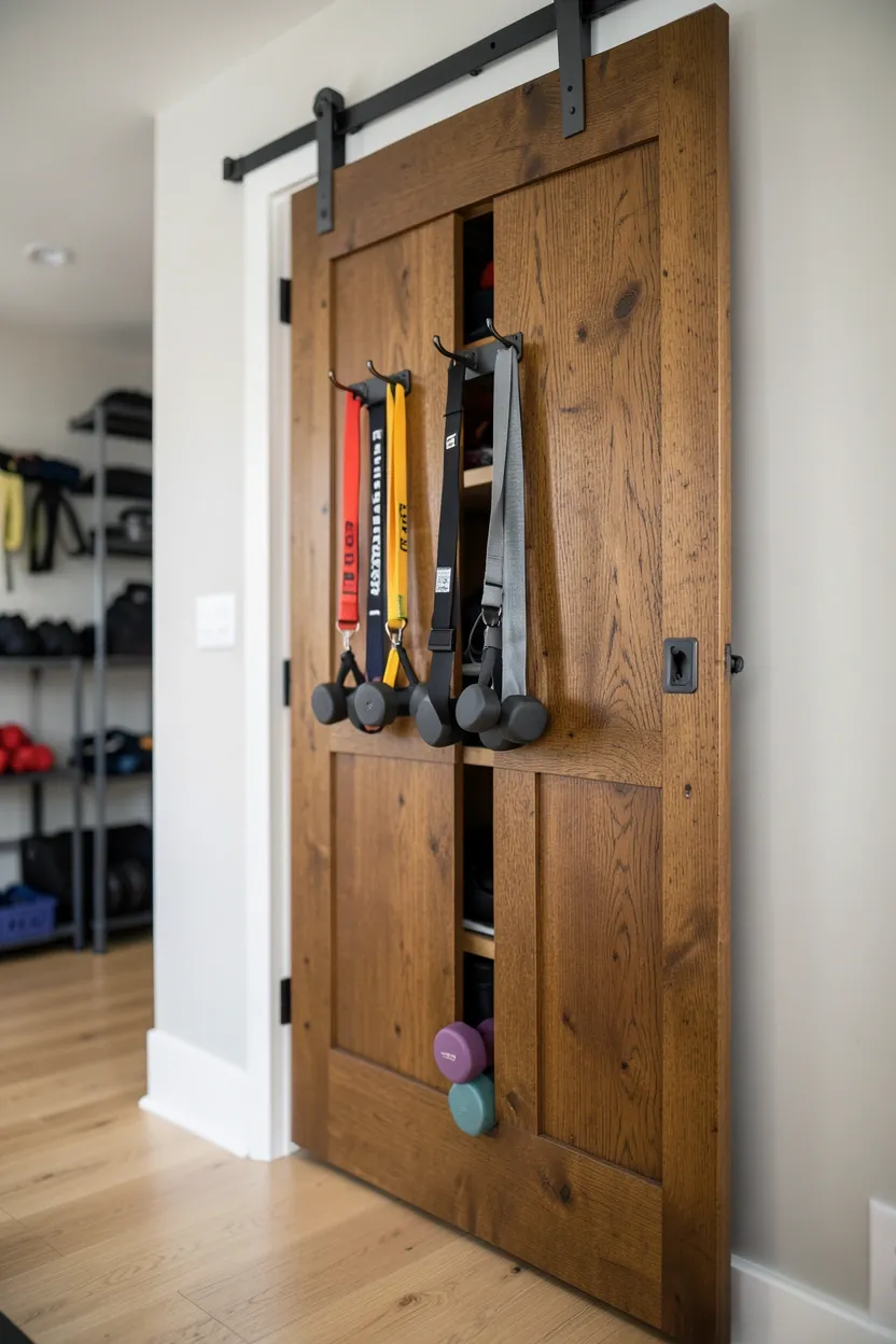 Sliding barn door with mounted hooks and shelves concealing gym equipment when closed providing renter-friendly home gym storage solution