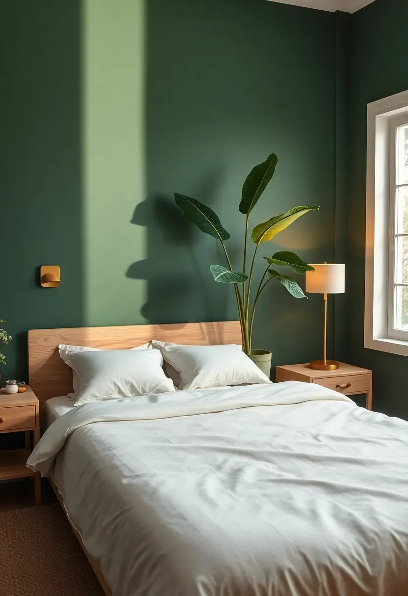 Hyper-realistic 3/4 view of tranquil bedroom with forest green walls, light oak platform bed with ivory linen bedding, oak nightstands, large potted fiddle leaf fig. Materials: matte forest green paint, light oak wood, ivory linen bedding, brass lamp. Warm diffused light from brass lamp (2700K), soft natural window light right. Biophilic sanctuary mood, shallow depth of field with sharp bed details foreground. No text, no logos, no watermarks.</p>
